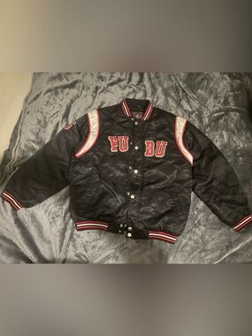 FUBU Black Satin Jacket with Red & White Trim
